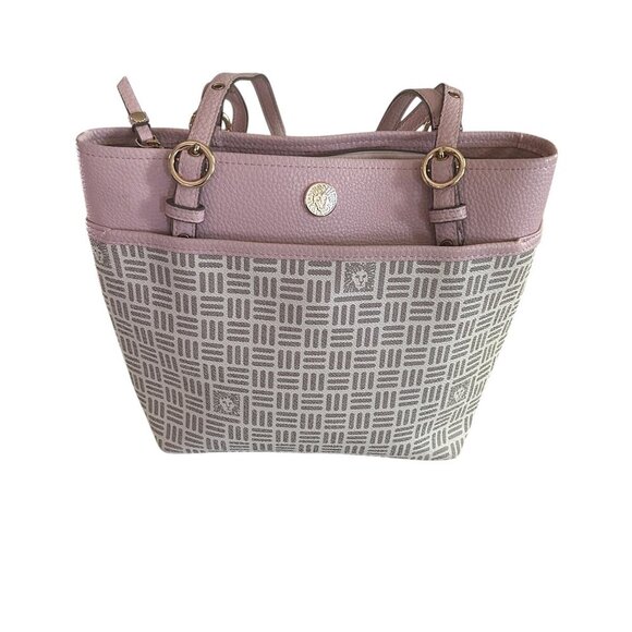 Anne Klein Pink & Grey Tote Bag - Gold Hardware - Geometric Print Purse Satchel - Picture 2 of 9
